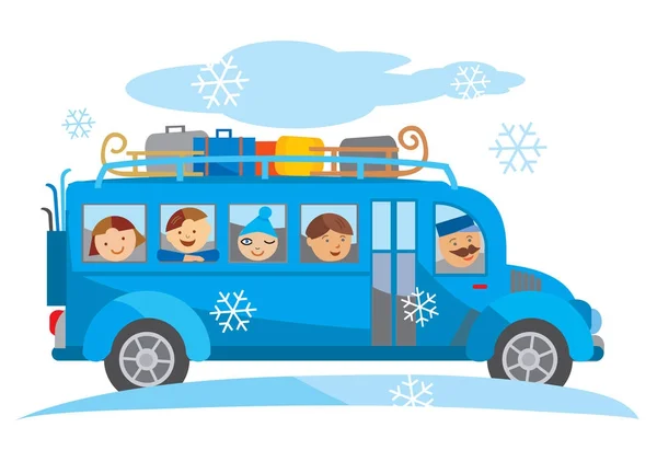 Caricature Bus Scolaire Hiver Caricature Bus Scolaire Bleu Voyageant Lors — Image vectorielle