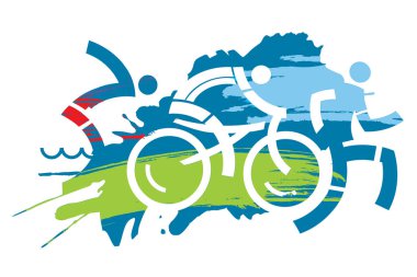 Triatlon yarış grunge stilize. Grunge arka plan üzerinde üç triatlon sporcular. Vektör kullanılabilir. 