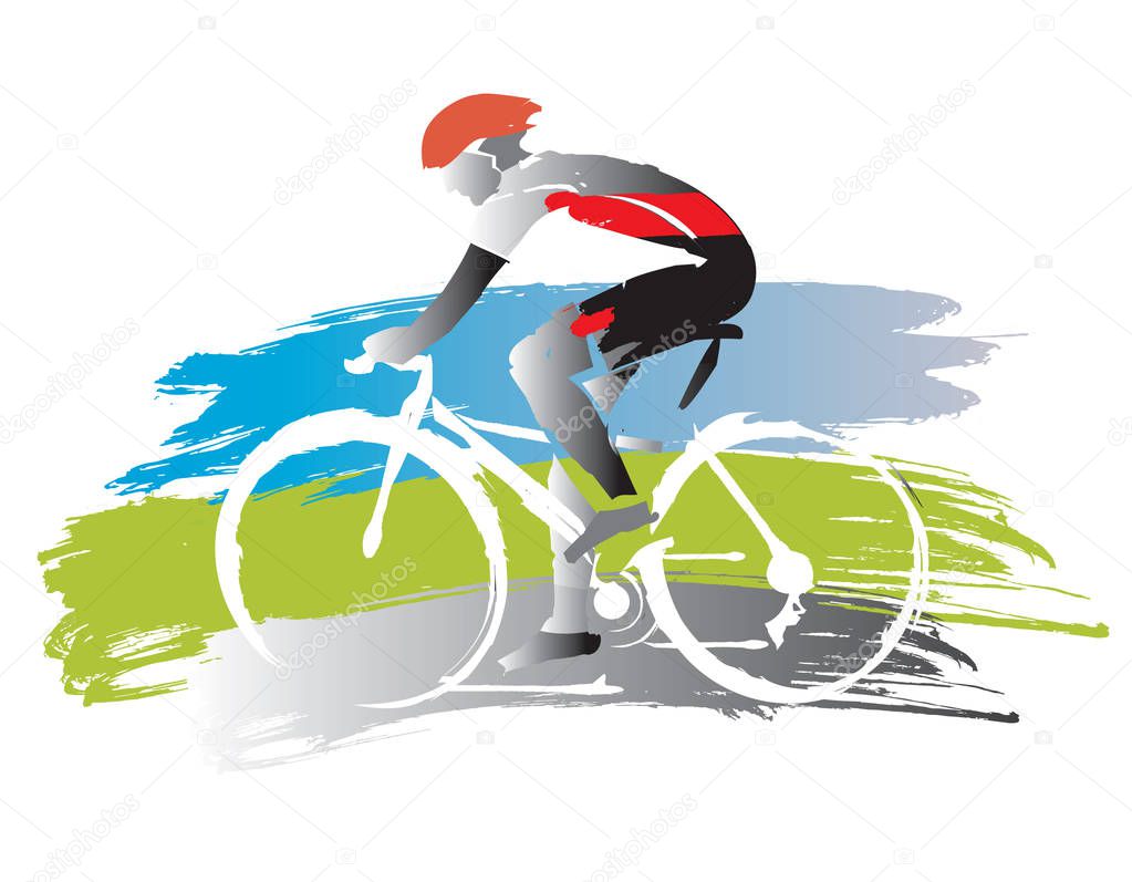 Bicyclist on grunge background.Expressive Watercolor imitated Illustration of road cyclist. Vector available.