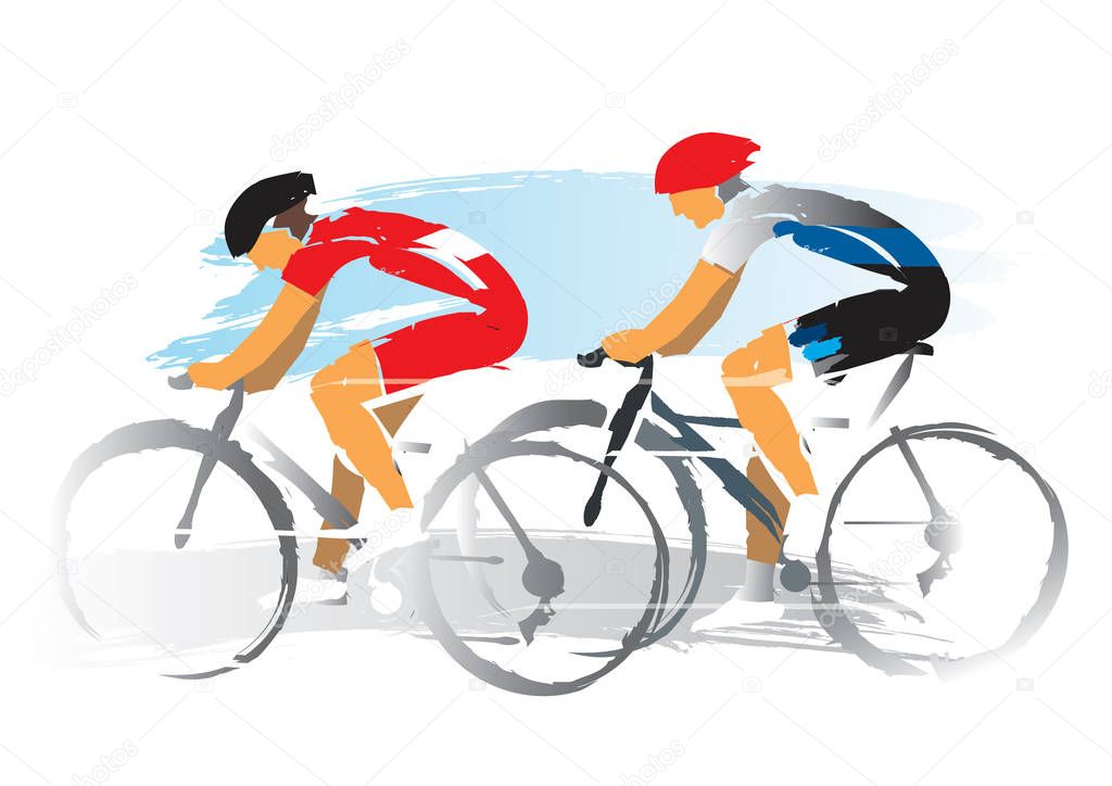 Road cyclists racers.Expressive watercolor imitate Illustration of two road cyclist. Vector available. 