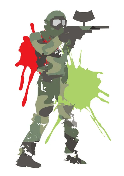 Paintball Player Khaki Uniform Marker Gun Grunge Stylized Illustration Male — Stock Vector