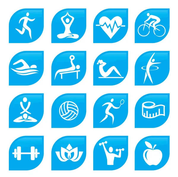 蓝色运动健身图标按钮 一套蓝色的现代图标 的形式与健身和瑜伽活动的叶子 可用向量 — 图库矢量图片