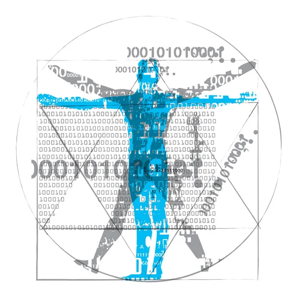 Vitruvian Man Computer Age Grunge Stylized Drawing Vitruvian Man Binary — Stock Vector