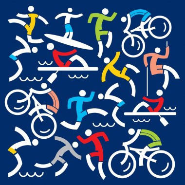 Açık spor fitness simgeleri dekoratif arka plan. Renkli fitness ve koyu mavi zemin üzerine açık spor sembolleri çizimi. Vektör kullanılabilir. 