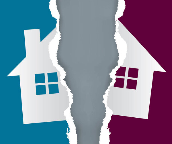 Division of immovable property paper concept.Ripped paper with the symbol of the house symbolizing division of property. Vector available.