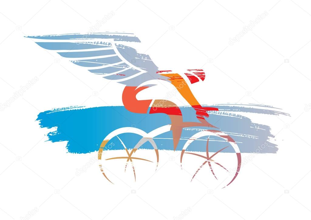 Cyclist with wings expressive stylized. Colorful poetic illustration of cycling racer with wings. Vector available.