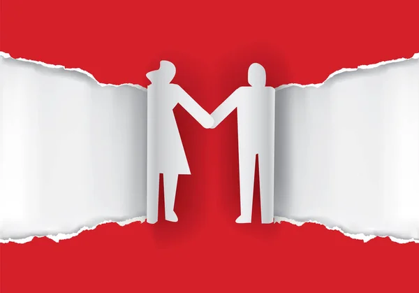 Silhouette Couple Mariage Sur Papier Déchiré Fond Papier Avec Couple — Image vectorielle