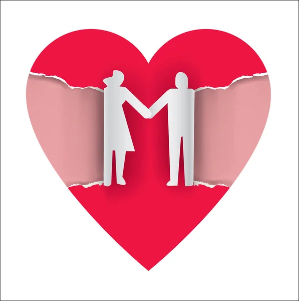 Amante Silhueta Casal Coração Papel Rasgado Fundo Papel Com Casamento —  Vetores de Stock