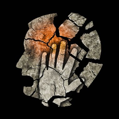 Depresyon çılgınlığı baş ağrısı. Delilik, depresyon, baş ağrısı, şizofreni simgeleyen kuru kahverengi kırık earth ile başını tutan adam. 