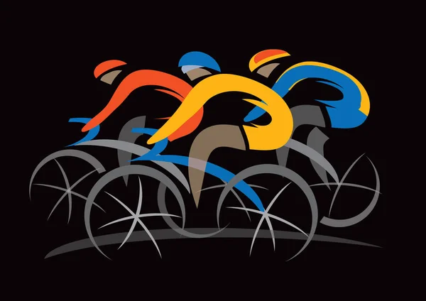 Carrera Bicicletas Dibujo Estilizado Tres Ciclistas Sobre Fondo Negro Vector — Vector de stock