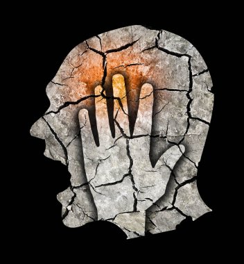 Baş ağrısı ağrı migren depresyon. Erkek siluet delilik, depresyon, baş ağrısı, şizofreni simgeleyen kuru kahverengi kırık dünya ile. Başını tutan adam.