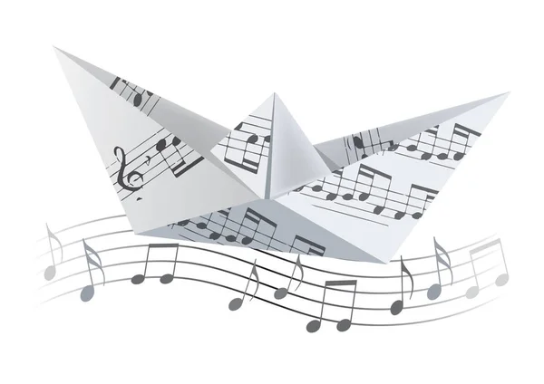 Origami boat on the wave with musical notes.White Paper boat with musical notes swinging on waves with musical notes. Poetic musical theme.Vector available.