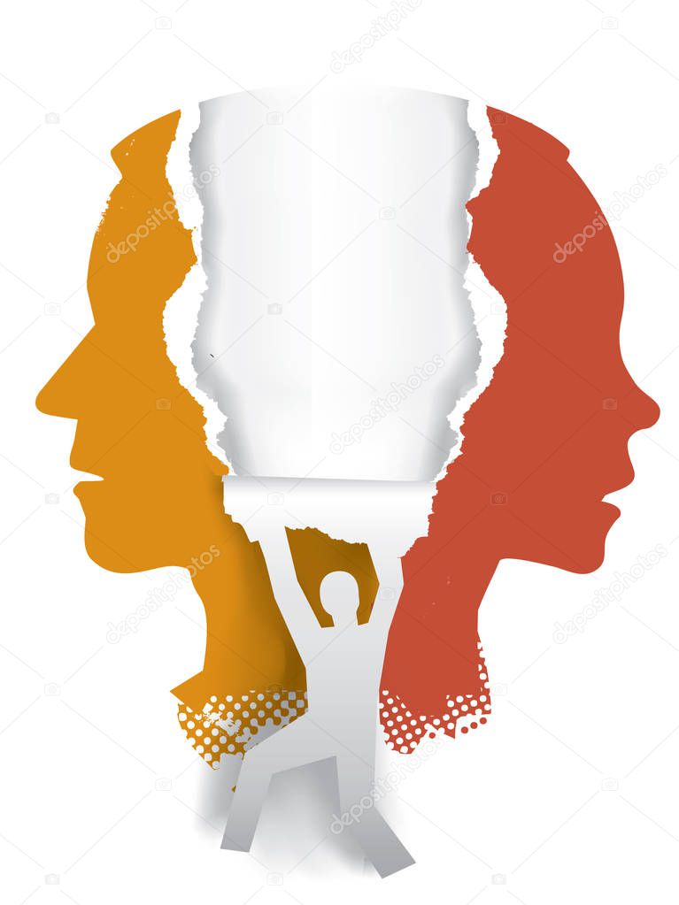 Divorce couple, love triangle.Young man and woman silhouette and male silhouette ripped paper. Concept for relationship of three people. Vector available