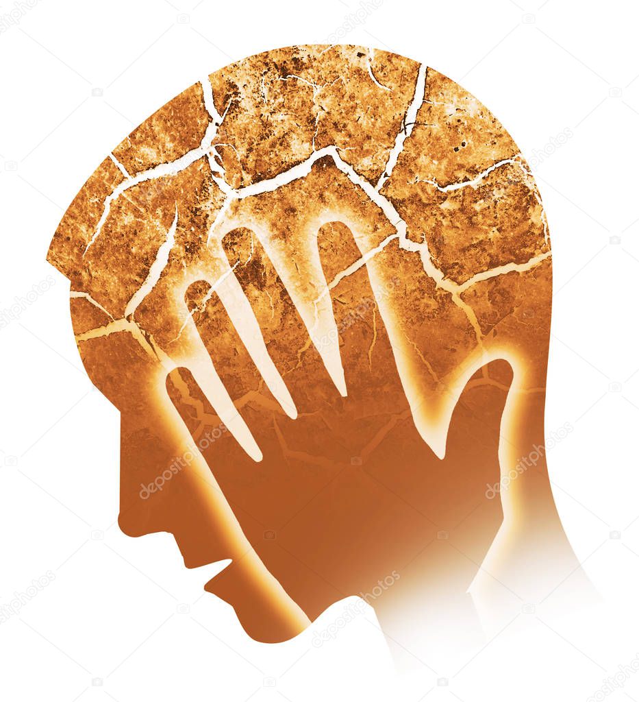  Headache, migraine, depression.Male silhouette with cracked head symbolizing madness, Depression, Headache, schizophrenia. Man holding his head. Isolated on white background.