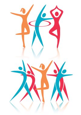 Fitness dans kadın simgeler. Gölge ile stilize renkli simgeler. Kadın fitness aerobik aktiviteler. Vektör kullanılabilir. 