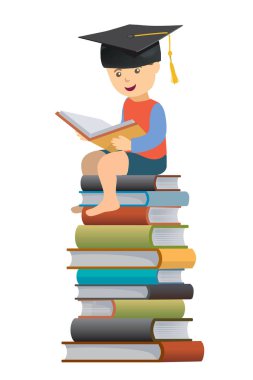 Küçük çocuk okuyucu bir harç Board.Little çocuk giyen giymek bir harç yönetim kurulu, bir yığın kitap üzerinde oturuyor. İçin eğitim kavramları. Vektör kullanılabilir