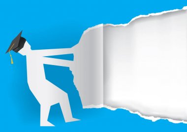 Kağıt arka plan yırtık mezuniyet. Kolej ile kağıt siluet çizimi kağıt sökük. Mezuniyet duyuru için şablon. Vektör kullanılabilir