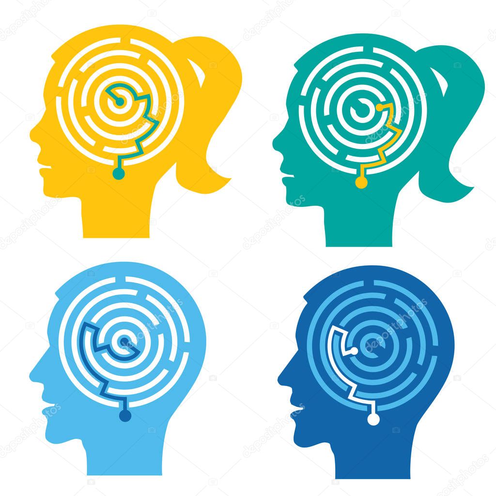 Psychological test, Labyrinth in the heads. Four male and female stylized head silhouettes with maze.Concept symbolizing the process of thinking. Vector available.