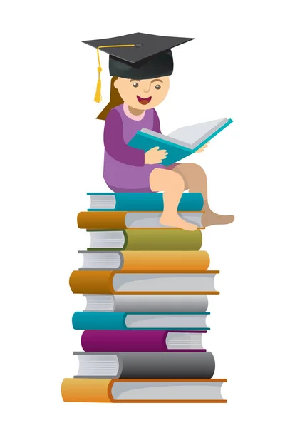 Little Girl Reader Wearing Mortar Board Little Girl Wear Mortar — Stock Vector