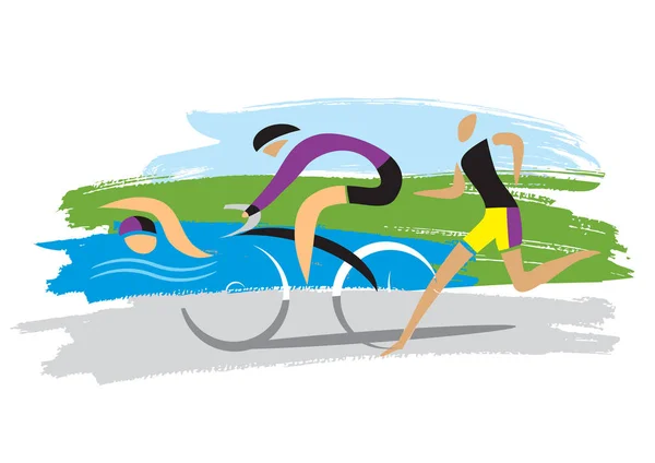 Triathlon Racers Three Discipline Triathlon Stylized Drawing Three Triathlon Athletes — Stock Vector