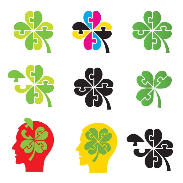 Shamrock, four leaf clover, puzzle concept.Set of colorful icons of shamrock and four leaf clover as puzzle. Good luck theme design element. Vector available.