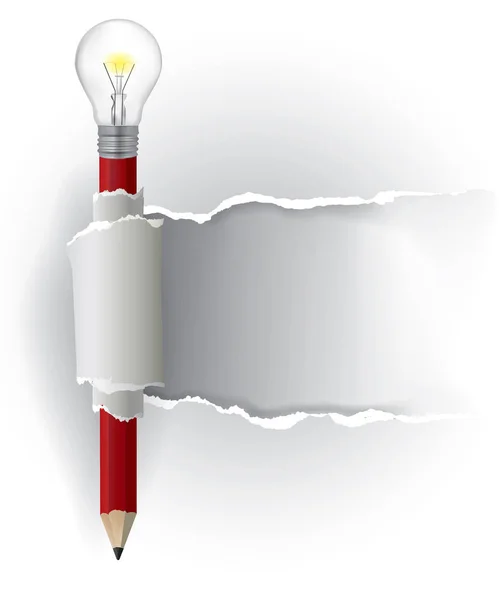 创意铅笔撕纸的背景 白色撕开纸与灯泡铅笔与地方为您的图像或文字 可用向量 — 图库矢量图片