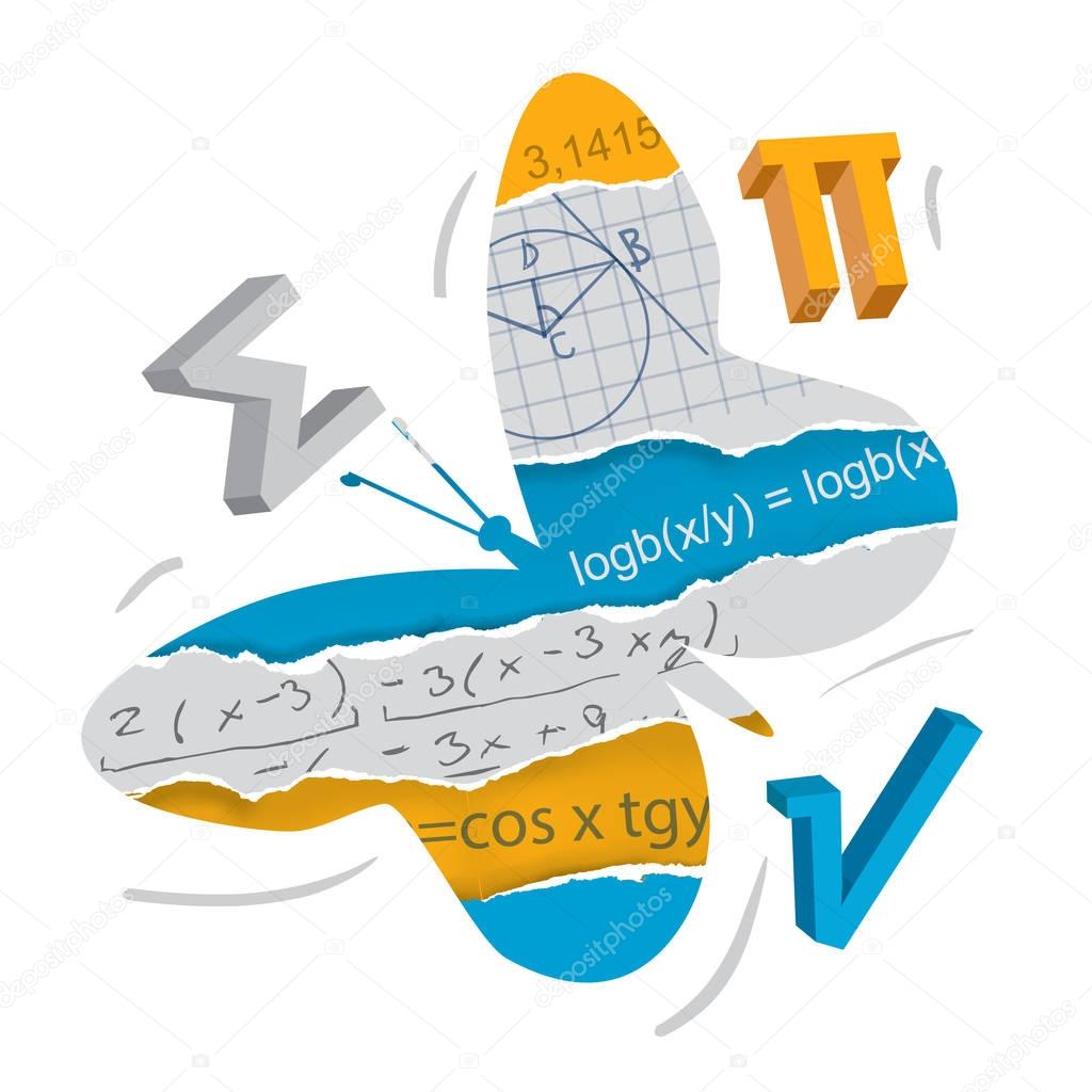 Easy learning of mathematics. and geometry, butterfly concept.Butterfly silhouette with mathematical symbols on torn paper. Concept symbolizing the easy learning of mathematics and geometry. Vector available. 