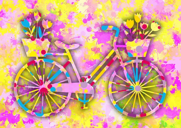 Vintage colorful bicycle with flowers.Illustration of old bicycle with flowers on watercolor colorful abstract background.