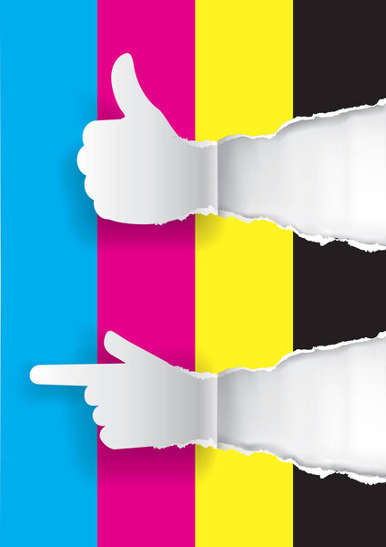 Color printing promotion background with thumbs-up. Paper silhouette of thumbs-up and hand pointing direction with print colors.Vector available. 