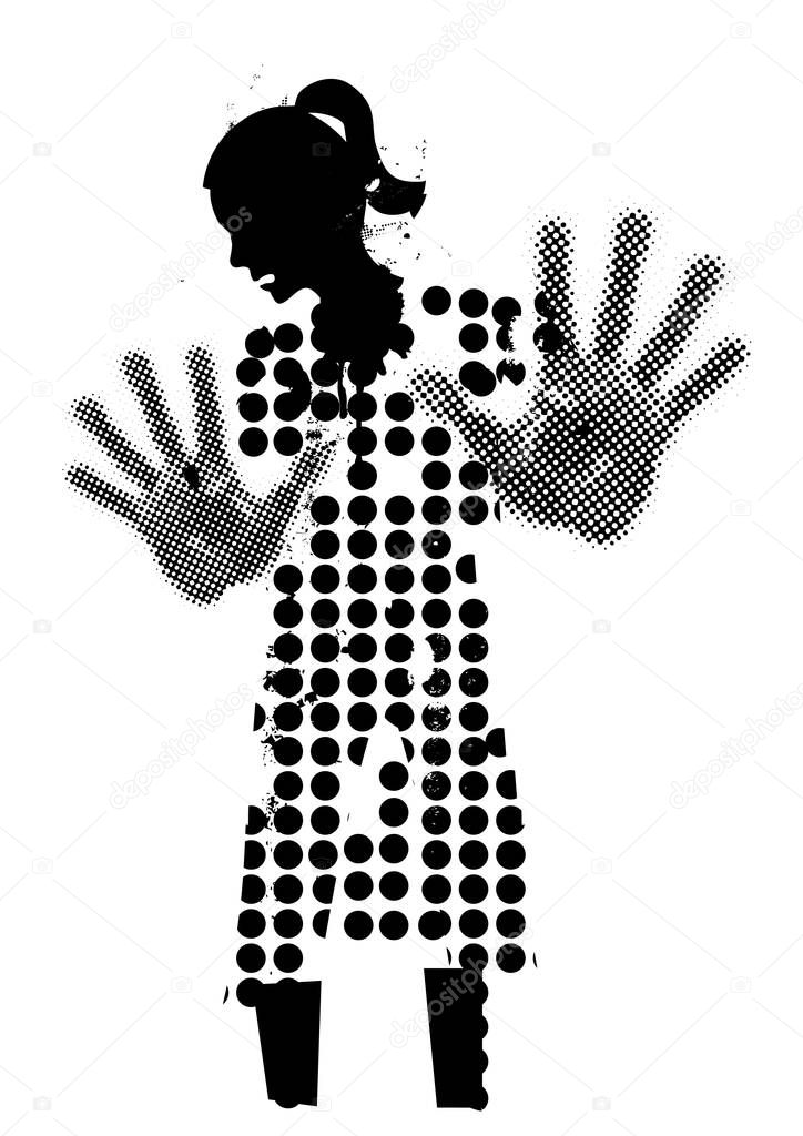 Young woman black silhouette victim of violence.Grunge stylized woman black silhuette with arms in defensive position.Vector available 