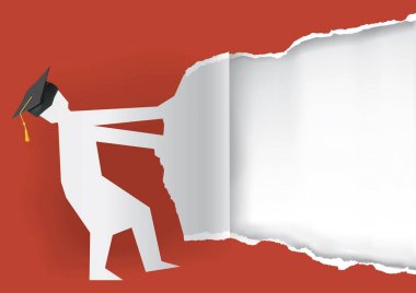 Yırtık kırmızı kağıt arka plan mezun. Kolej ile kağıt siluet çizimi kağıt sökük. Mezuniyet duyuru için şablon. Vektör kullanılabilir.