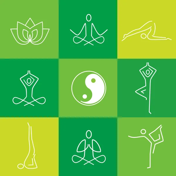 Yoga Piatto Icone Verdi Linea Yoga Icone Art Set Simboli — Vettoriale Stock