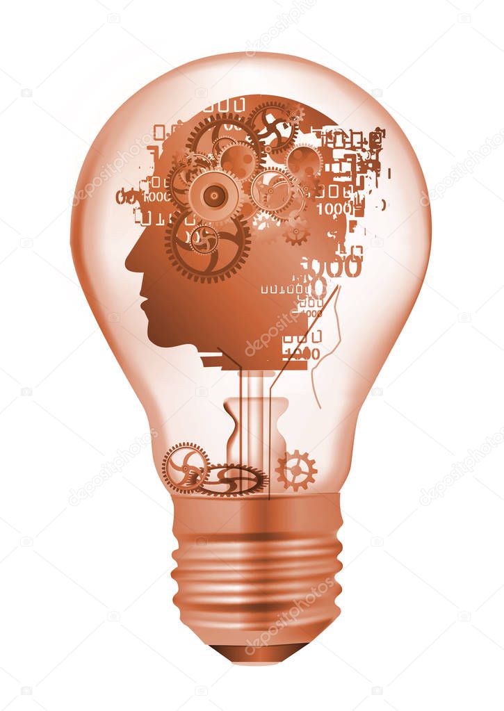 Man with Burn out syndrome in light bulb.Illustration of light bulb with stylized male head silhouette  with destroyed gear and binary codes, symbolizing burnout syndrome and depression. Isolated on white background.