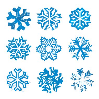 Grunge ekspres kar taneleri. Dokuz grunge stili kar tanesi. Beyaz arka planda izole edilmiş. Kullanılabilir vektör. 