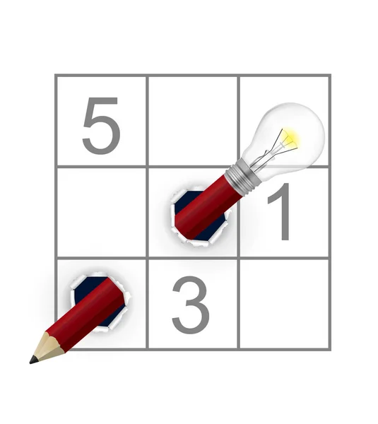 Sudoku Puzzle Grid Matita Pazza Con Lampadina Matita Rossa Con — Vettoriale Stock