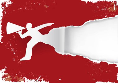 Grunge tarzı kağıt yırtan megafonlu bir adam. İfade dolu bir grunge geçmişi var. Orijinal el ilanı ya da afiş için uygun. Kullanılabilir vektör