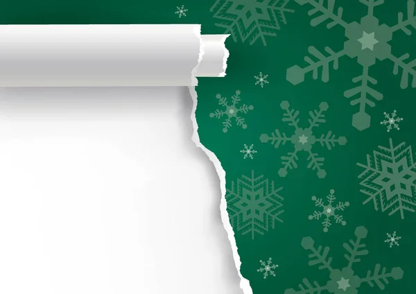 Natal Rasgado Papel Verde Fundo Com Flocos Neve Ilustração Fundo — Vetor de Stock