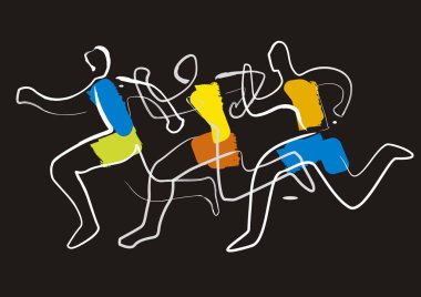 Yarış maratonu, koşu çizgisi sanatı stilize edilmiş. Renkli çizgiler, üç koşu yarışçısının tasviri..