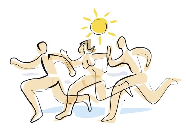 Nudistas Tres Personas Corriendo Desnudas Ilustración Expresiva Estilizada Dos Hombres — Vector de stock