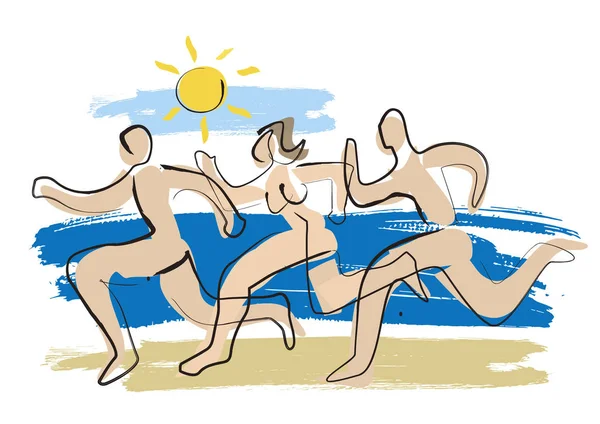 营养学家 三个赤身裸体跑步的人 在夏天两个男人和一个女人在海滩上跑步的生动图片 可用的病媒 — 图库矢量图片