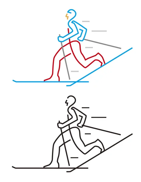 越野滑雪 线条艺术风格的绘画 彩色和黑色的版本 可用的病媒 — 图库矢量图片