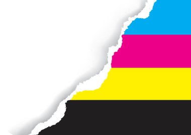 Cmyk yazıcı renginde yırtık bir kağıt. İllüzyon. Metin veya resim için yer. Kullanılabilir vektör.