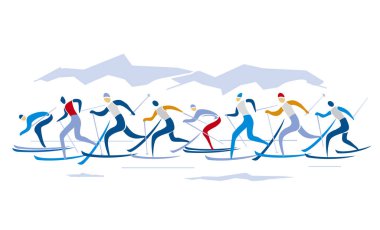 Kros kayak yarışması. Arka planda dağları olan İskandinav kayak yarışmacılarının görüntüleri. Kullanılabilir vektör.