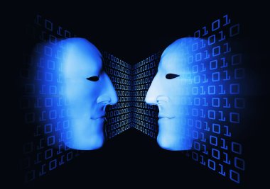 İkili kodlu iki isimsiz maske. İki 3D stilize erkek yüzü siber uzayda iki kişiyle tanışmayı simgeliyor, isimsiz diyalog sosyal ağı..
