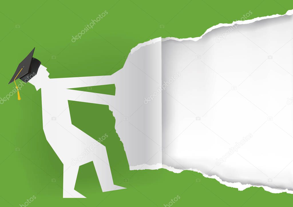 Graduation torn paper, green background. Illustration of paper student silhouette with mortarboard ripped paper. Template for announcement of graduations.Vector available.