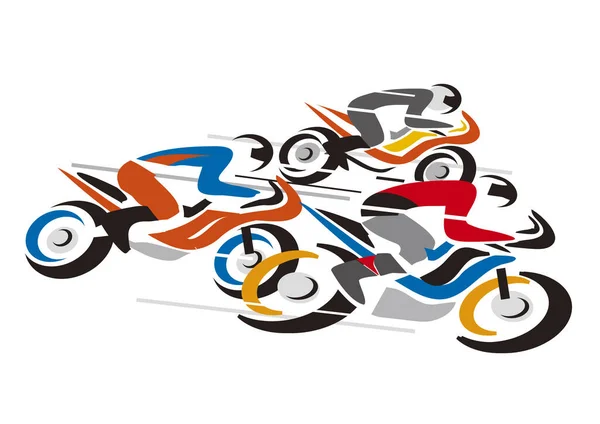 Competencia Motos Ilustración Tres Motociclistas Toda Velocidad Vector Disponible — Vector de stock