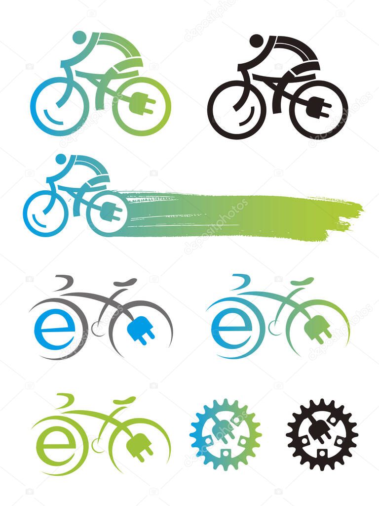 Electric bike icons.Set of colorful electric bicycle symbols.Isolated on white background.Vector available.