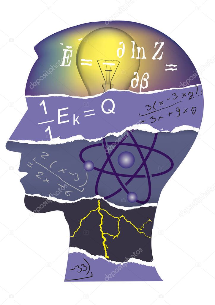 Student of Physics, paper collage silhouette.Male head stylized silhouette with torn paper with Physics symbols and notes. Vector available