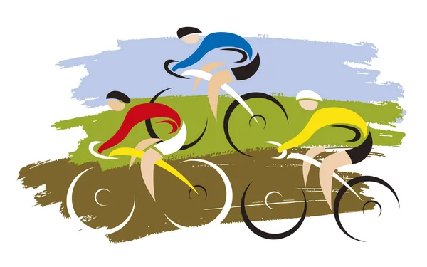 Cyclocross Mountainbike Fietsers Expressieve Gestileerde Tekening Van Drie Fietsers Grunge — Stockvector