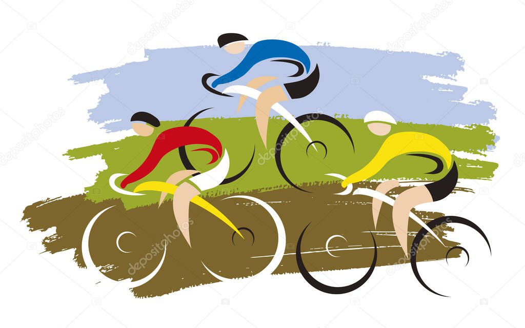 Cyclocross mountain bike, cyclists.Expressive stylized drawing of three cyclists on grunge background. Vector available.